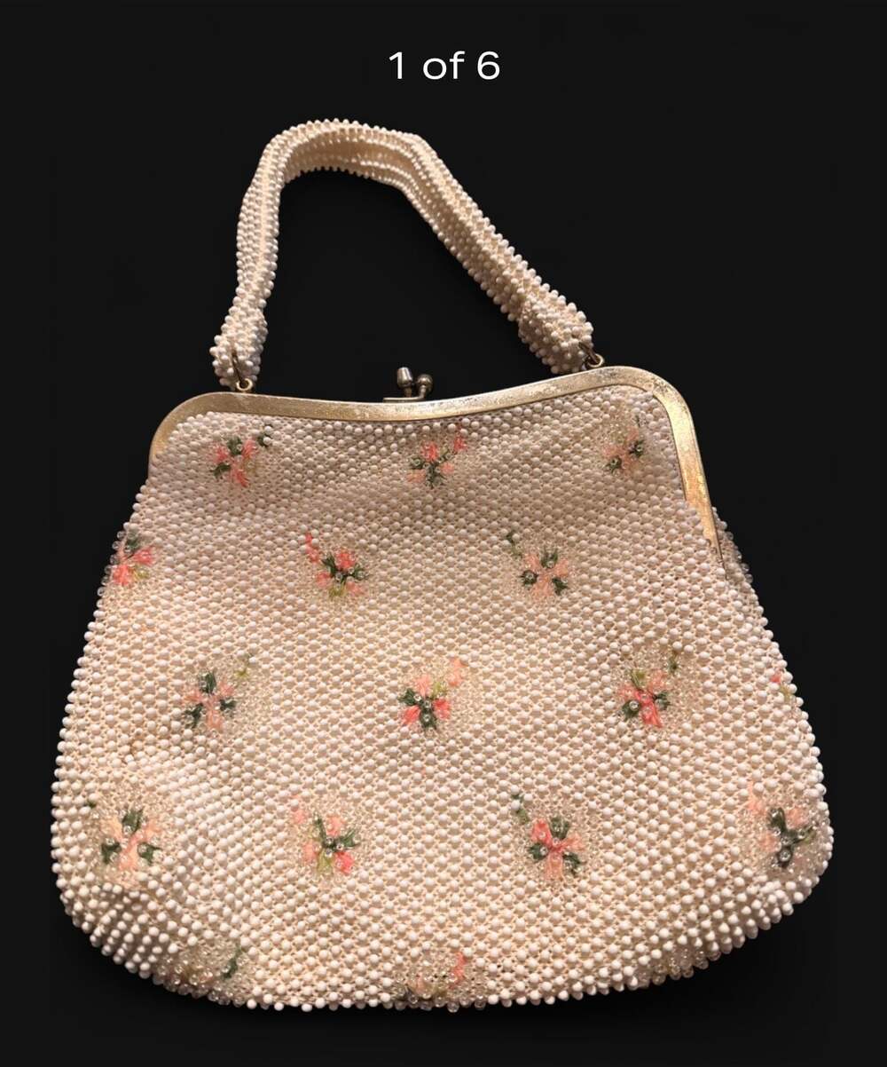 Corde Bead Vintage 1950s Cream Beaded Handbag Purse with Pink Floral Design